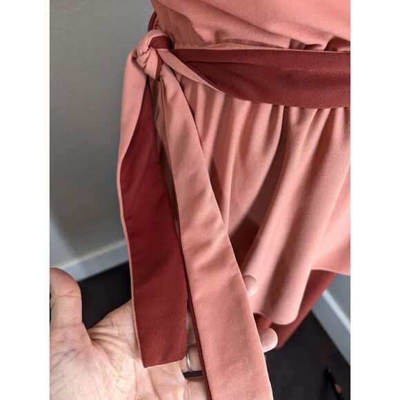 Vintage Draped Wraped Midi Dress Belted Contrasting Peach Maroon Size 12 Grecian - Picture 5 of 9